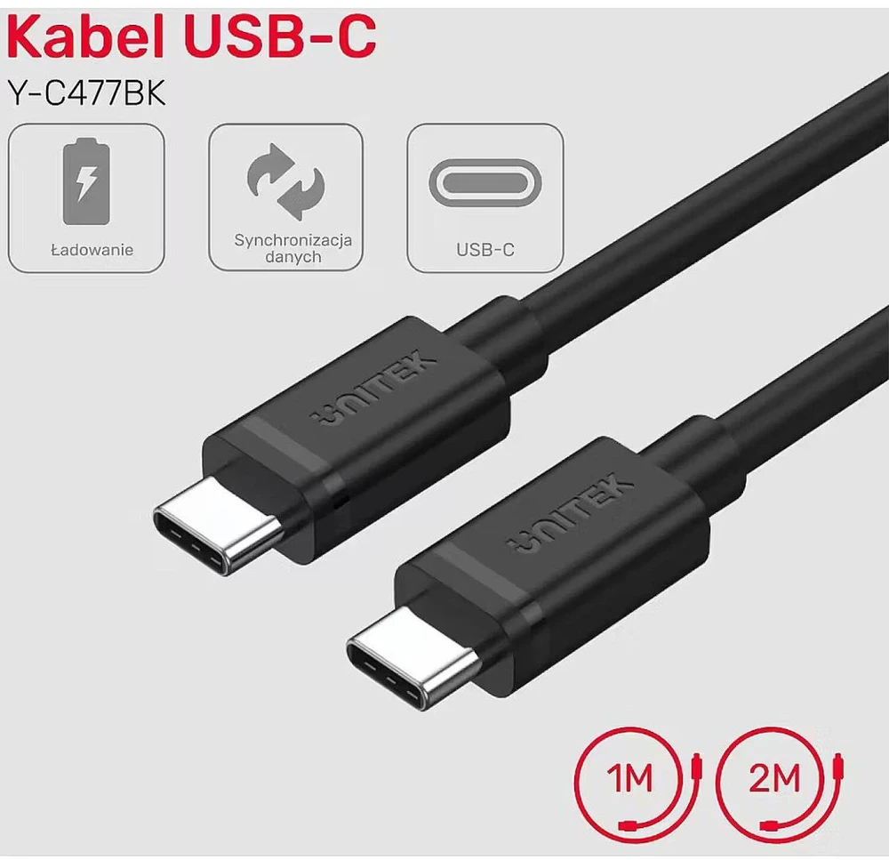 UNITEK Y-C477BK01-2M USB laidas USB 3.2 Gen 1 (3.1 Gen 1) USB C 5 Gbit/s 60 W Juodas