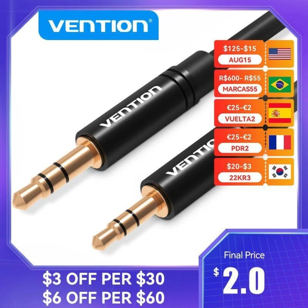 Vention audio kabelis mini AUX 3.5mm - 2.5mm AUX 2m - Juodas
