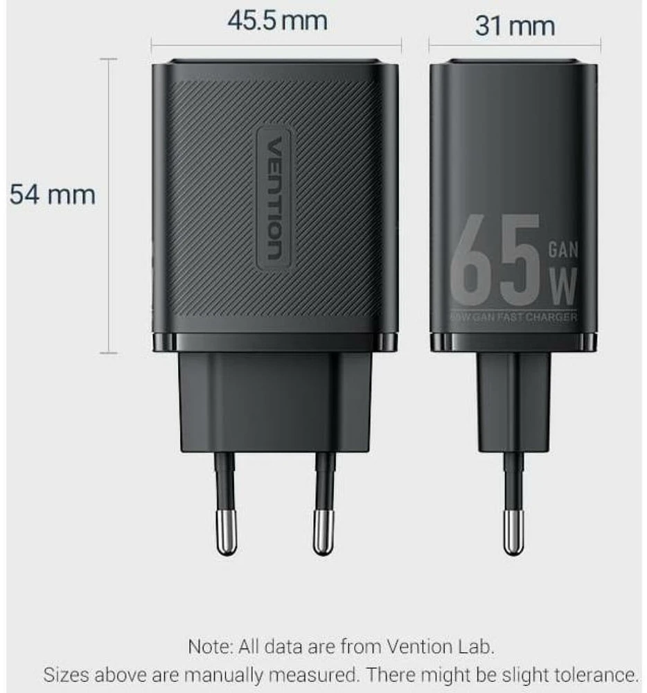 Vention Sieninis įkroviklis, ventiliacija, FERB0-EU, 2xUSB-C, USB-A, 65W/65W/30W, GaN (juoda)