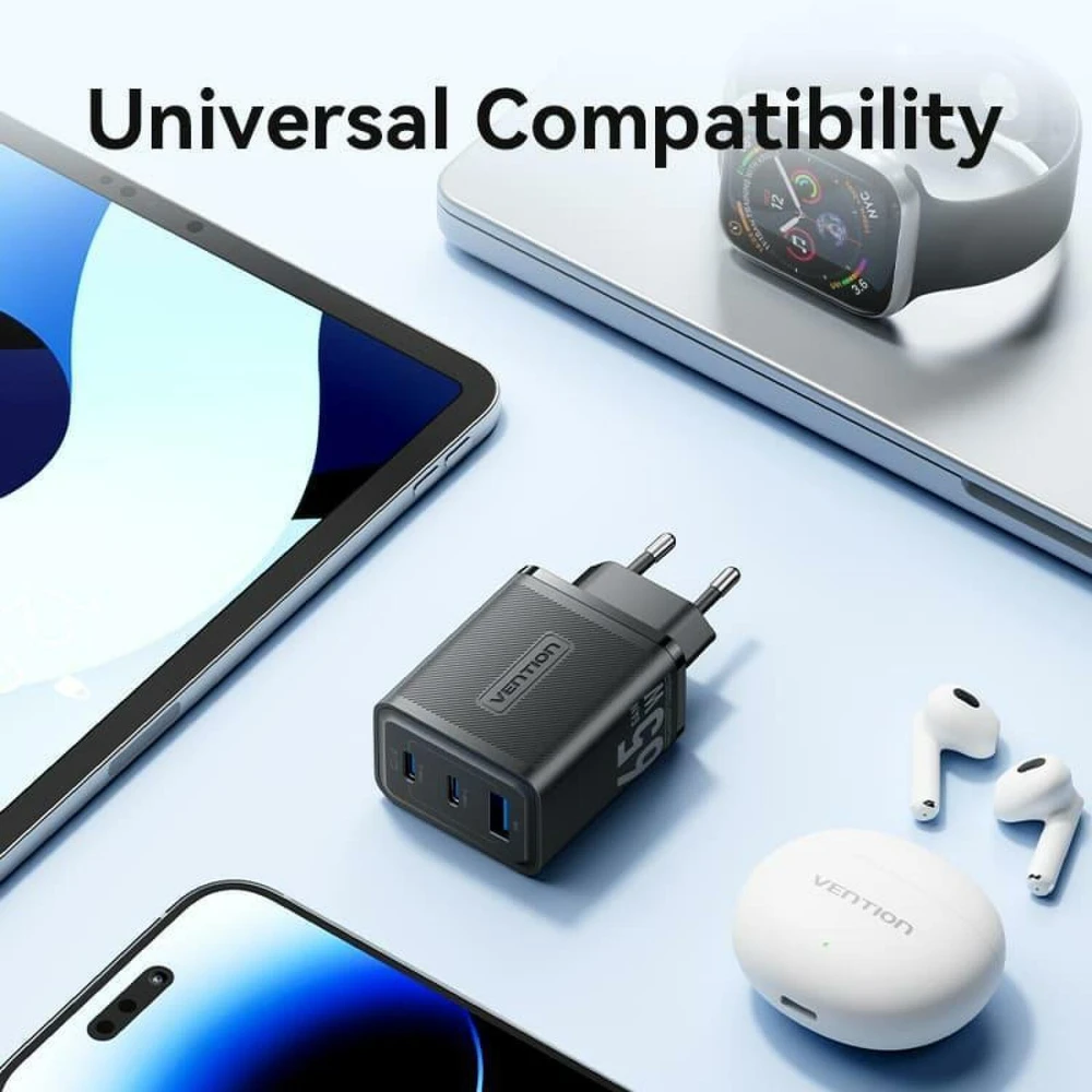 Vention Sieninis įkroviklis, ventiliacija, FERB0-EU, 2xUSB-C, USB-A, 65W/65W/30W, GaN (juoda)