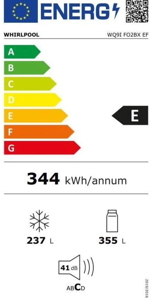 Whirlpool Šaldytuvas | WQ9I FO2BX EF | Energy efficiency class E | Free standing | Side by side | Height 187.6 cm | No Frost system | Šaldytuvas net capacity 355 L | Šaldiklis net capacity 237 L | Ekranas | 41 dB | Juodas