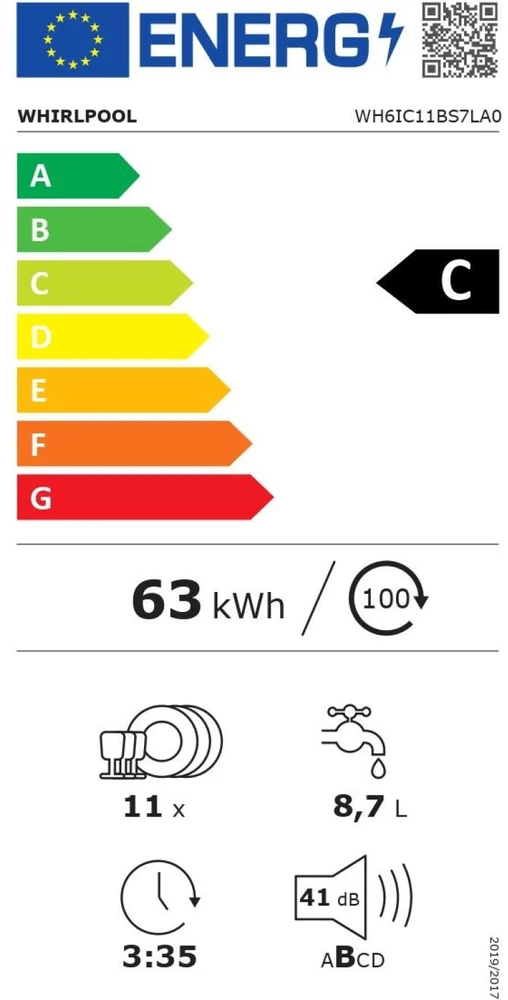 Whirlpool Indaplovė | WH6IC11BS7LA0 | Built-in | Plotis 44.8 cm | Number of place settings 11 | Number of programs 9 | Energy efficiency class C | Ekranas | Juodas