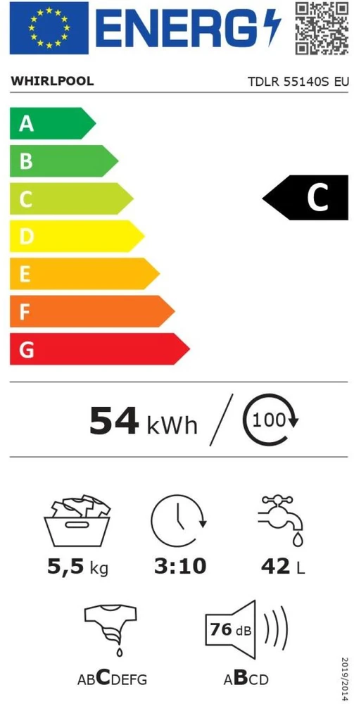Whirlpool | Skalbimo mašina | TDLR 55140S | Energy efficiency class C | Top loading | Skalbimo talpa 5.5kg | 1100 RPM | Gylis 60 cm | Plotis 40 cm | Digital | Baltas