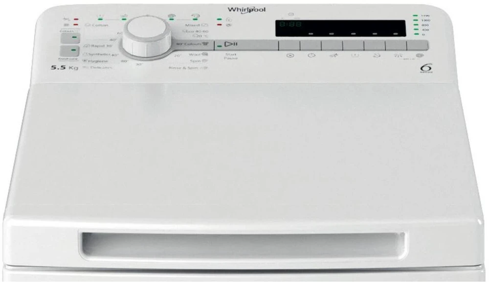 Whirlpool | Skalbimo mašina | TDLR 55140S | Energy efficiency class C | Top loading | Skalbimo talpa 5.5kg | 1100 RPM | Gylis 60 cm | Plotis 40 cm | Digital | Baltas