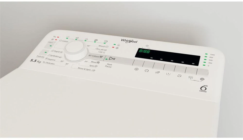 Whirlpool | Skalbimo mašina | TDLR 55140S | Energy efficiency class C | Top loading | Skalbimo talpa 5.5kg | 1100 RPM | Gylis 60 cm | Plotis 40 cm | Digital | Baltas