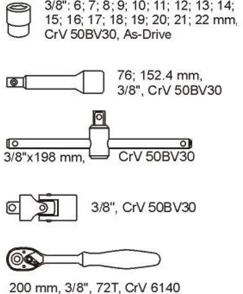 YATO DRAWER INSERT 3/8 "ĮRANKIŲ RINKINYS 22vnt.
