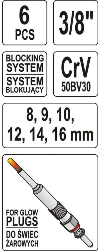 Yato Toya Sa Poland Galvutės kaitinimo žvakėms | šarnyrinės | 10 mm (3/8") | 8-16 mm | 6 vnt. (YT-0534)