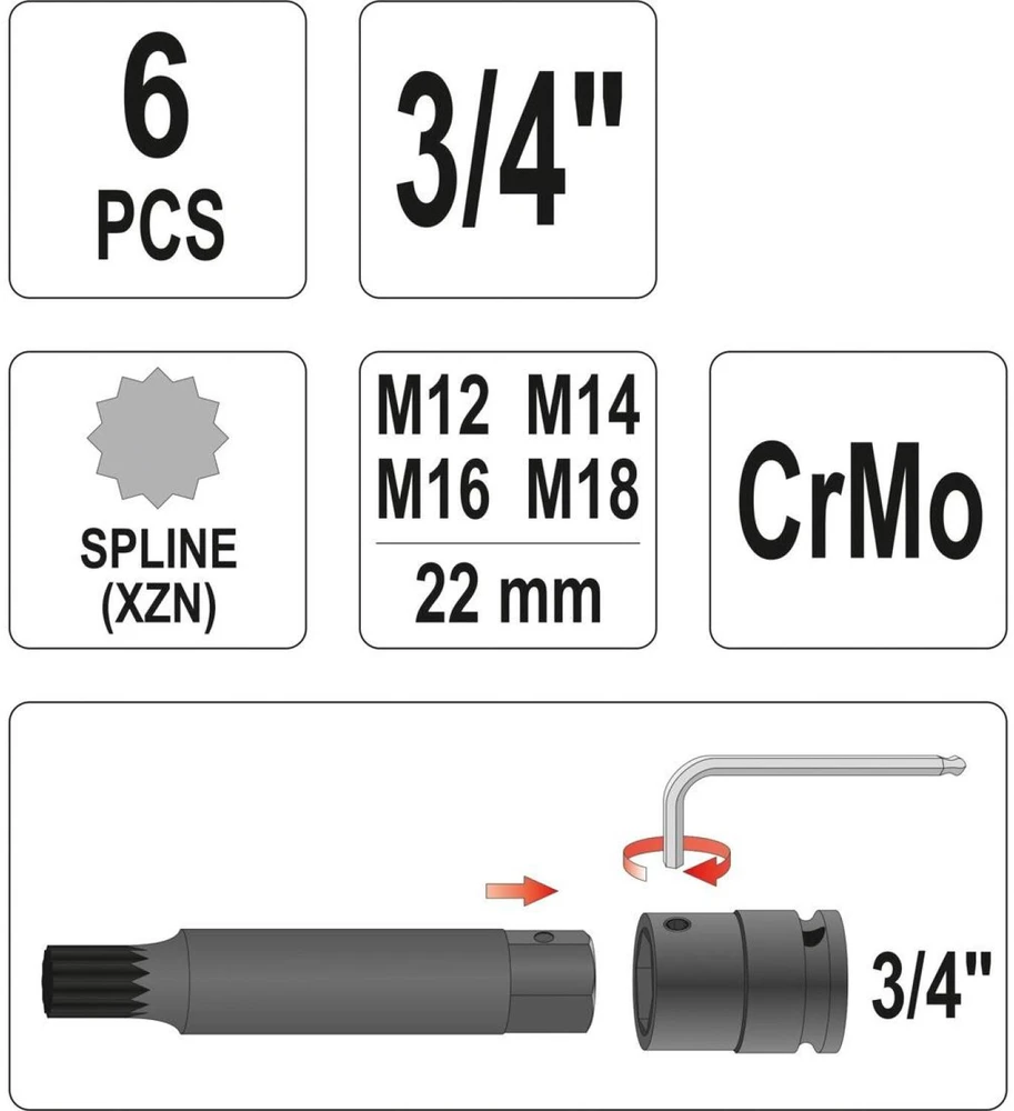 Yato SPLINE IMPACT BITS SET 3/4'', 6 vnt.