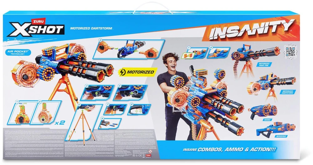 Zuru Insanity Motorized Dart Storm Blaster 36918, 27m, 200 šūviai, 2 vamzdžiai, 2 būgnai, 4 dėtuvės, stovas, 8+ metai