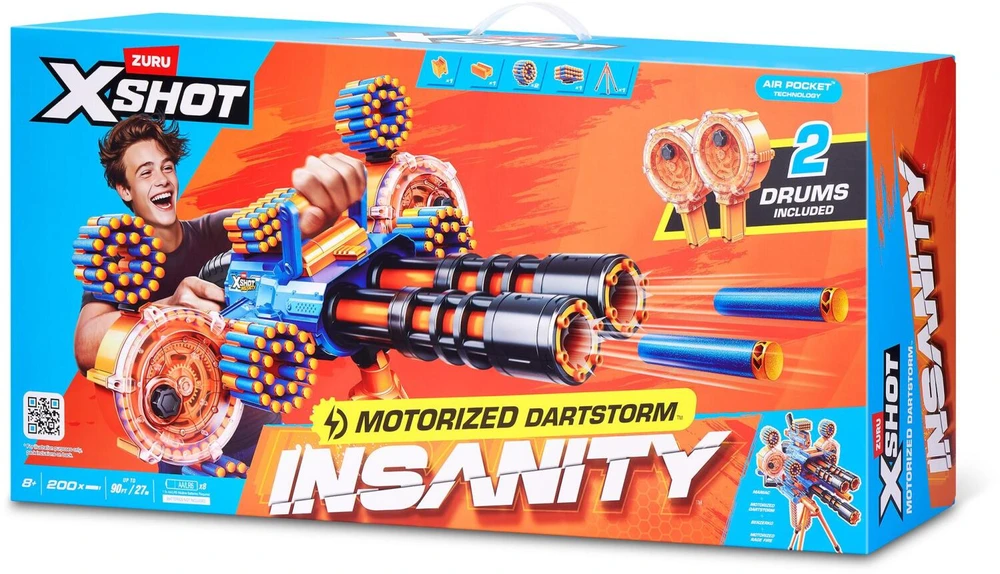 Zuru Insanity Motorized Dart Storm Blaster 36918, 27m, 200 šūviai, 2 vamzdžiai, 2 būgnai, 4 dėtuvės, stovas, 8+ metai