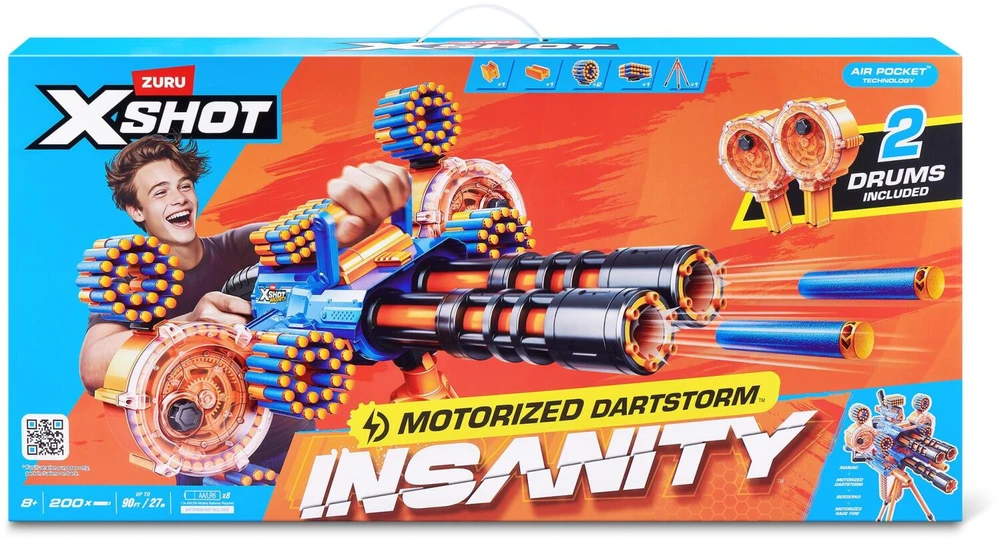 Zuru Insanity Motorized Dart Storm Blaster 36918, 27m, 200 šūviai, 2 vamzdžiai, 2 būgnai, 4 dėtuvės, stovas, 8+ metai