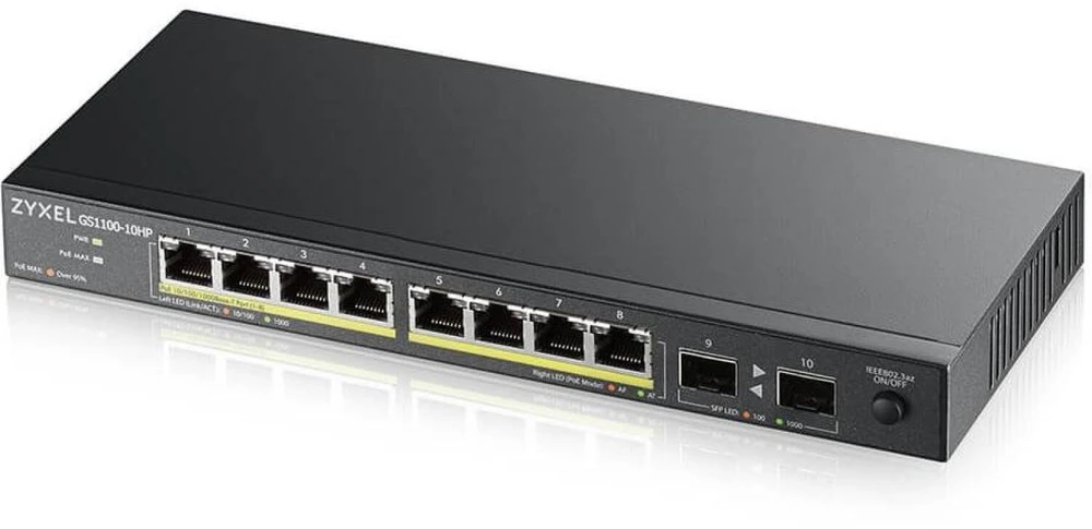 ZYXEL GS1100-10HPV2, nevaldomas POE 8X gigabitas, 2X šviesolaidinis uplink, 130 vatų POE (5 metų garantija)