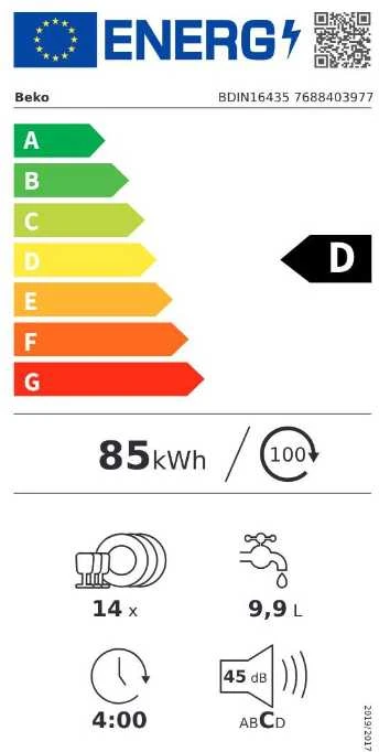 BEKO Built-In Indaplovė BDIN16435, D energijos klasė, savaime džiūsta, LED taškas