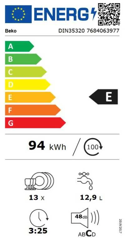 BEKO Built-In Indaplovė DIN35320, Energy class E, Plotis 60 cm, 5 programs