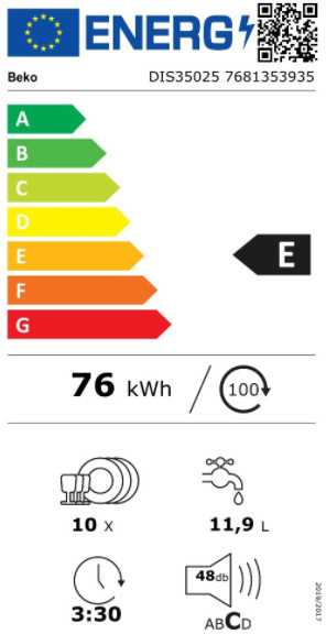 Įmontuojama indaplovė BEKO DIS35020, E energijos klasė, 45 cm, 5 programos