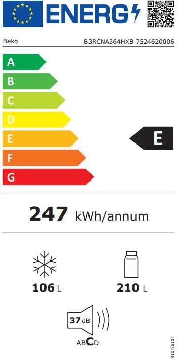 BEKO Šaldytuvas B3XRCNA364HXB, aukštis 185 cm, energijos klasė E, NeoFrost, HarvestFresh, AeroFlow, Nerūdijantis plienas