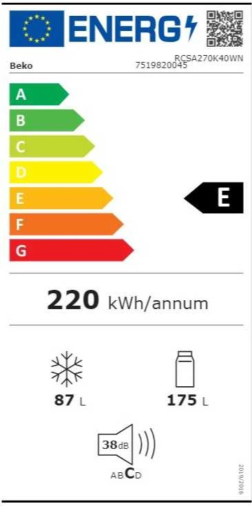 BEKO Šaldytuvas RCSA270K40WN, Energy class E, Height 171cm, Baltas