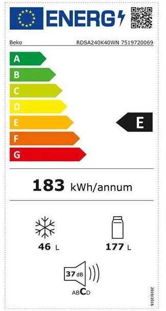 BEKO Šaldytuvas RDSA240K40WN, Energy class E, Height 146.5 cm, Baltas