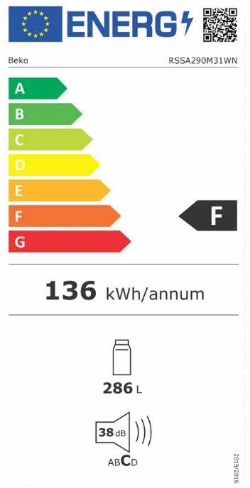 BEKO Šaldytuvas RSSA290M41WN, Energy class E, Height 150.8 cm (Nemokamas pristatymas)