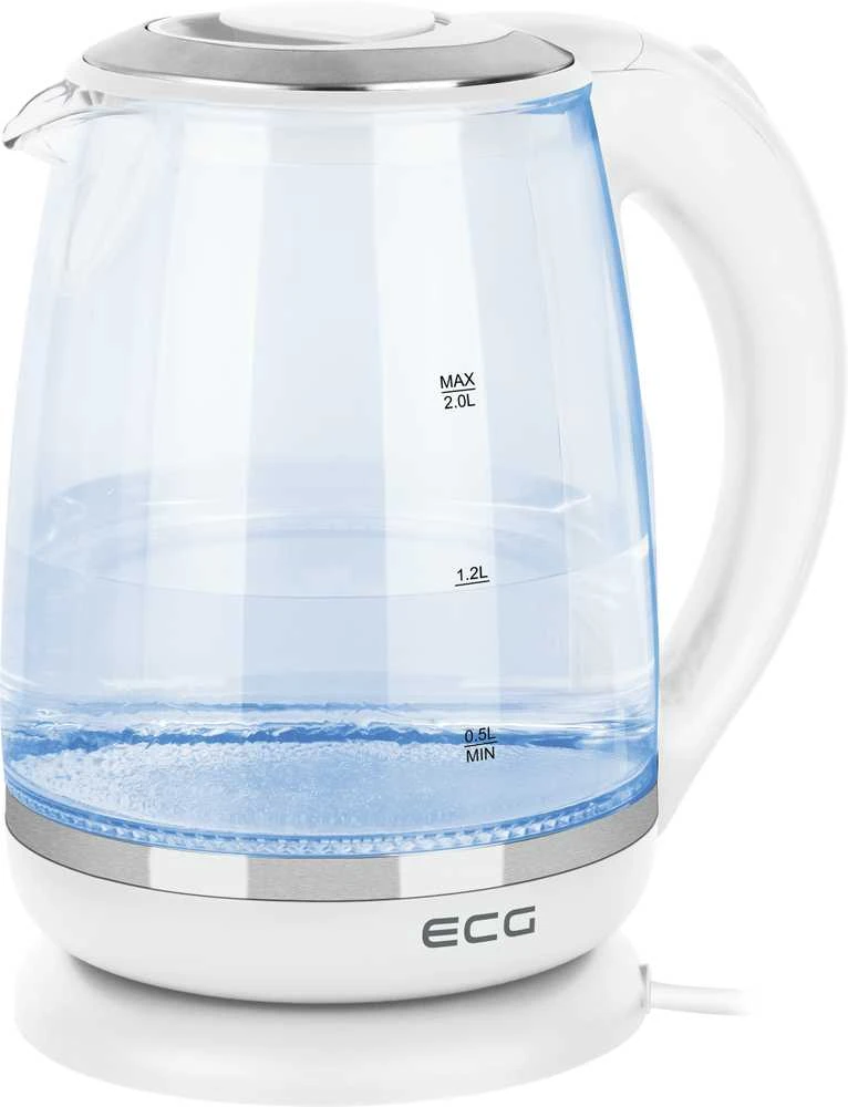 ECG Elektrinė virdulys RK 2020 Baltas Glass, 2 L, 360° base with power cord storage, Mėlyna backlight, 1850-2200 W