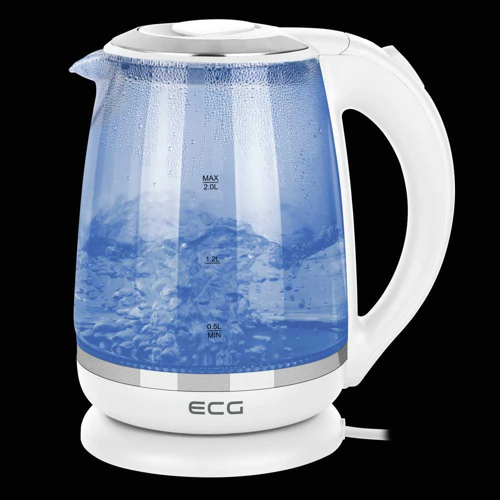 ECG Elektrinė virdulys RK 2020 Baltas Glass, 2 L, 360° base with power cord storage, Mėlyna backlight, 1850-2200 W
