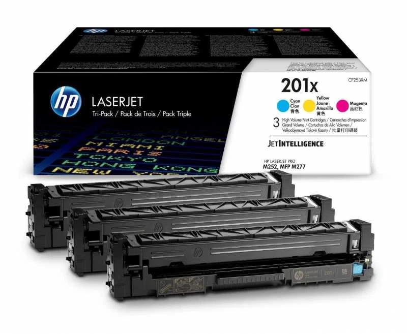 „Hewlett Packard“ (HP) HP 201X originalios „LaserJet“ dažų kasetės, žydros / rausvai raudonos / „Geltona High Yield“ (3 pakuotės)