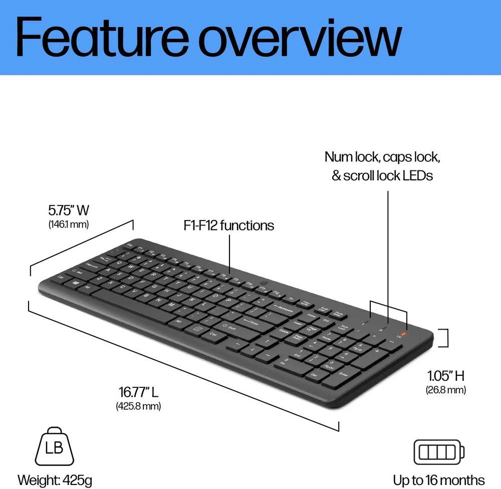 Hewlett Packard (HP) HP 225 Belaidė klaviatūra, spill resistant - Juodas - US ENG