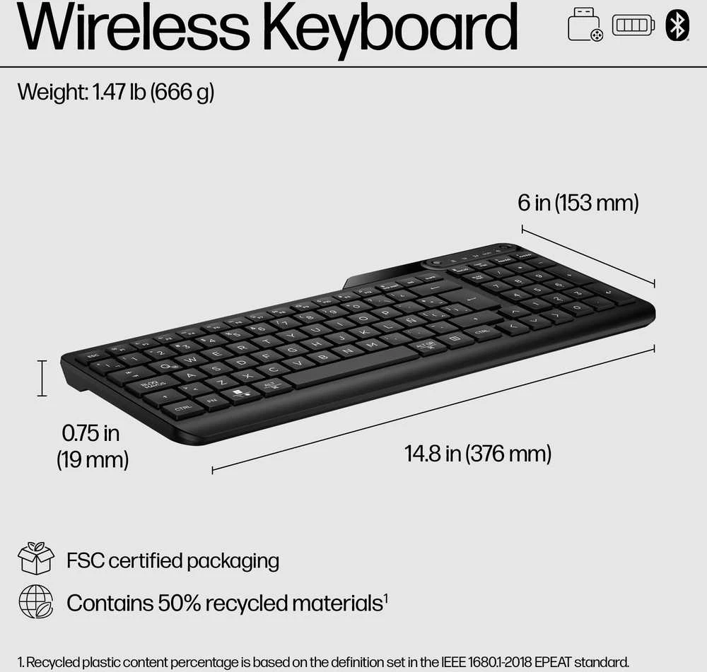 Hewlett Packard (HP) HP 475 Wireless Silent Klaviatūra - dviejų režimų, atsparus išsiliejimui, dezinfekuojamas, programuojamas - Juodas - US ENG