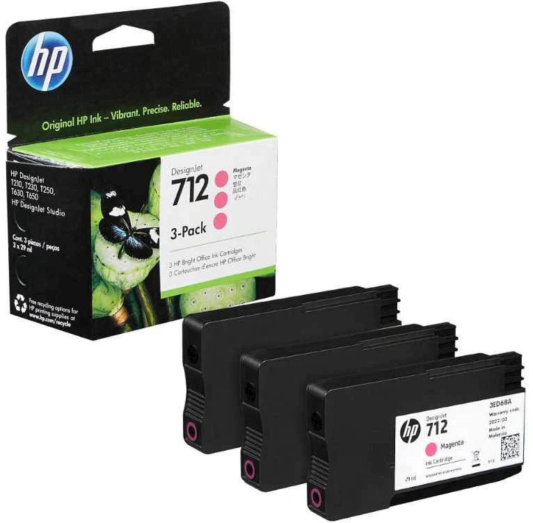 Hewlett Packard (HP) HP 712 rausvos spalvos 3 rašalo kasečių pakuotė, 29 ml, skirtos „DesignJet Studio“, T210, T230, T250, T630, T650
