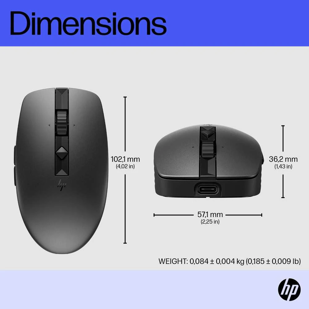 Hewlett Packard (HP) HP 715 Belaidė „Bluetooth“ pelė – daugiafunkcinė, programuojama, 4 krypčių slinkties, įkraunama – juoda