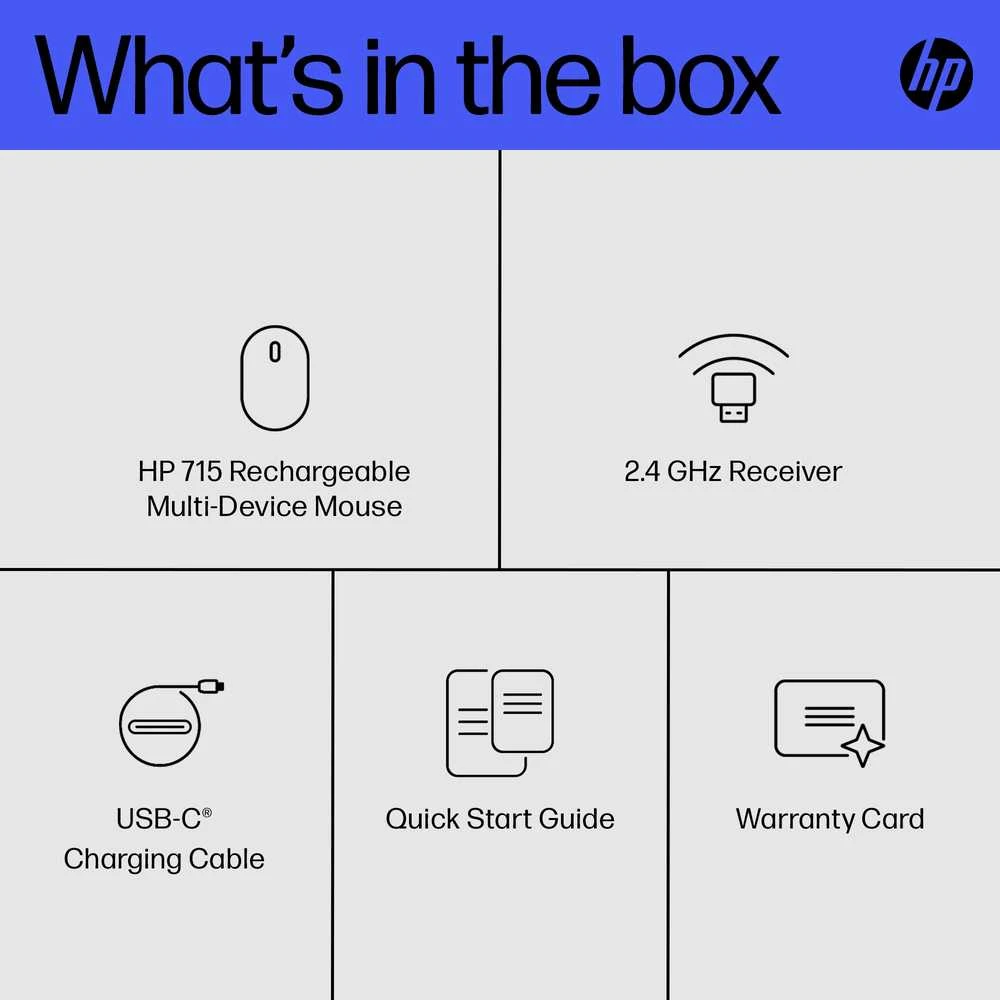 Hewlett Packard (HP) HP 715 Belaidė „Bluetooth“ pelė – daugiafunkcinė, programuojama, 4 krypčių slinkties, įkraunama – juoda