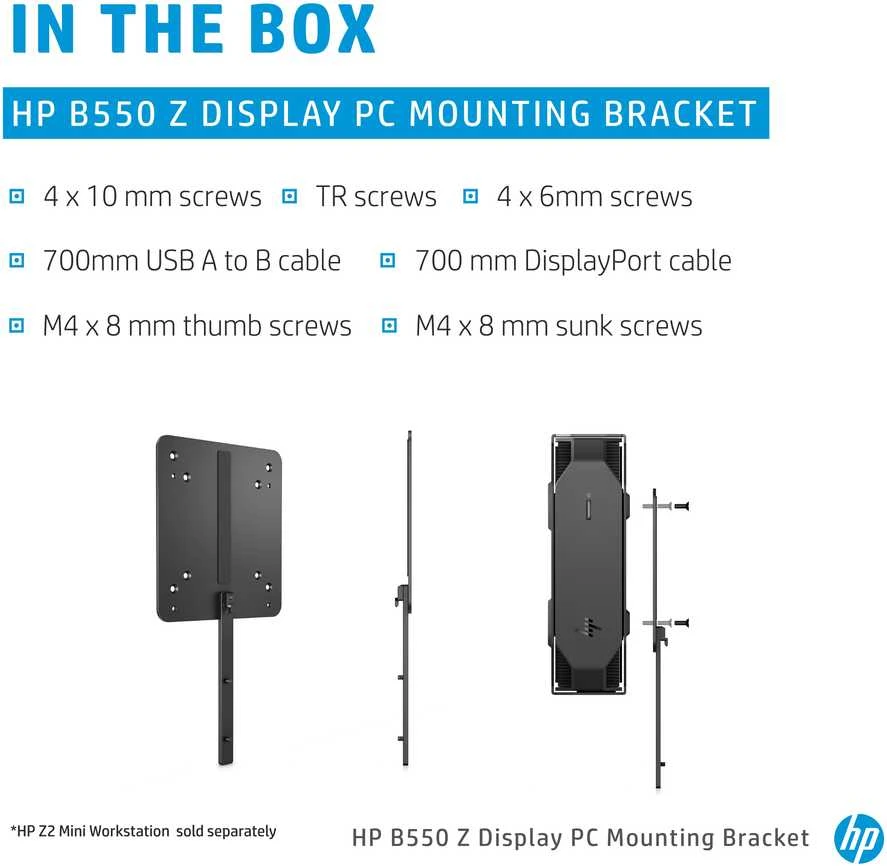 Laikiklis Hewlett Packard (HP) HP B550 DM Desktop Mini Thin Client PC Mounting Bracket for 724pu, 724pn, 724pf, 732pk, Z24f G3, Z24u G3, Z24n G3, Z27k G3, Z27q G3, Z27u G3, Z25xs G3, Z27xs G3, Z32k G3, Z24q G3, Z24m G3, 732pk, 724pf, P22h, P24h, P27h, P32u G5