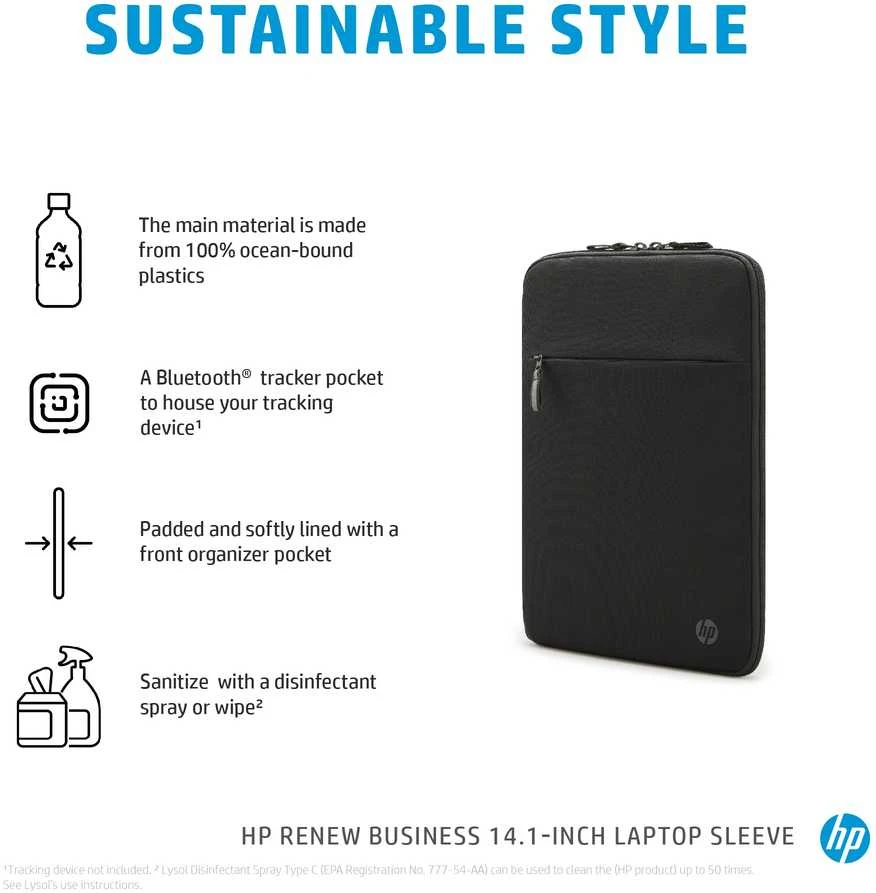 Hewlett Packard (HP) HP Business 14.1 Nešiojamas kompiuteris Sleeve, RFID & Bluetooth tracker Pocket, Sanitizable - Juodas (Atnaujinta)