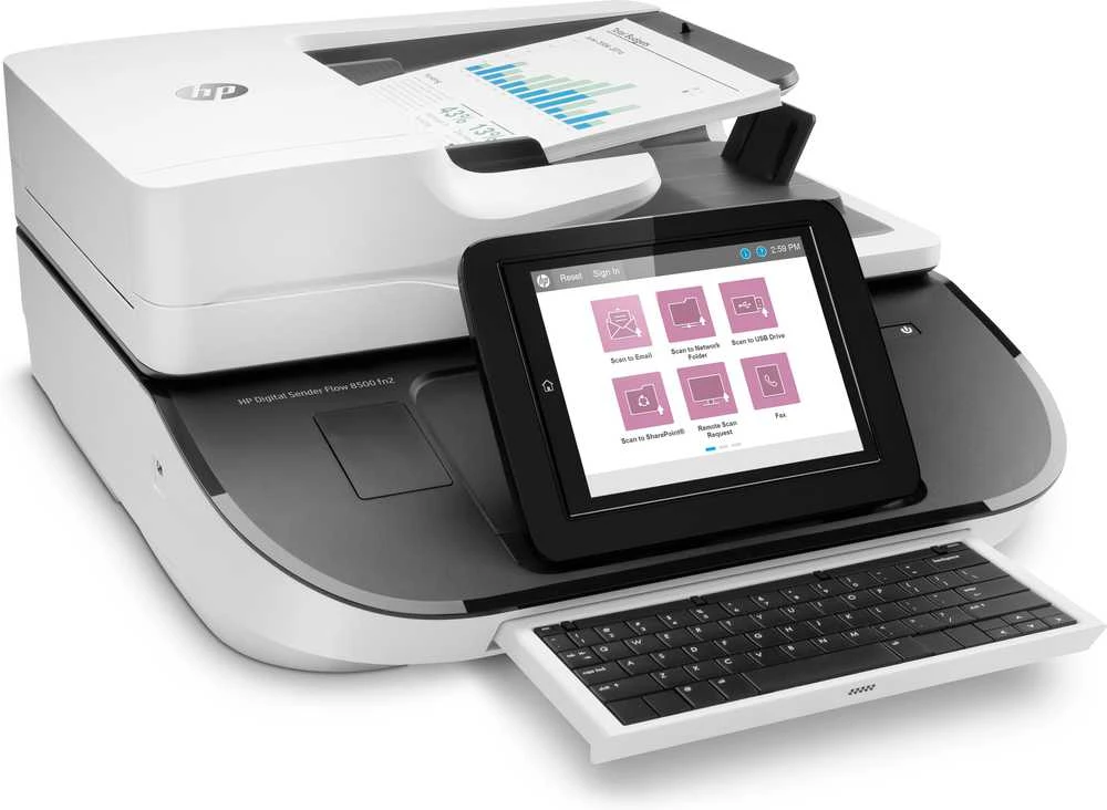 Skeneris Hewlett Packard (HP) HP Digital Sender Flow 8500 fn2 skaitytuvas / dokumentų darbo stotis – A3 spalvotas 600 dpi, plokščias / lapų tiekimo nuskaitymas, automatinis dokumentų tiektuvas, automatinis dvipusis, OCR / nuskaitymas į tekstą, 100 ppm, 10 000 puslapių per dieną