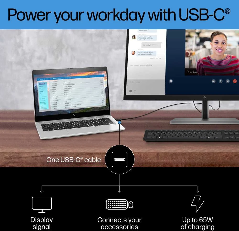 Hewlett Packard (HP) HP E27k G5 4K įkrovimo monitorius – 27 colių 3840x2160 UHD 350 nitų 60 Hz AG, IPS, USB-C(65W/15W)/HDMI/DisplayPort, 3x USB-A, garsiakalbiai, aukštis RJ-45 reguliuojamas / pakreiptas / pasukamas / pasukamas, 3 metai