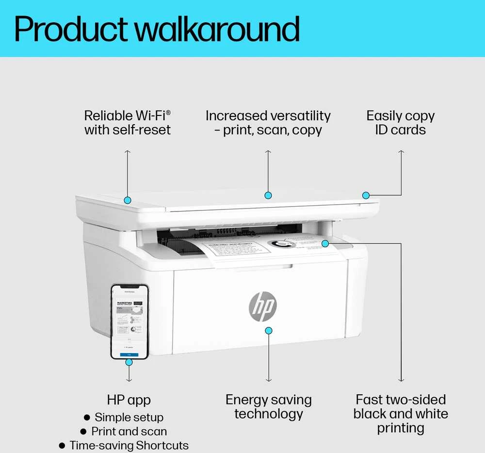 Daugiafunkcis lazerinis spausdintuvas HP LaserJet MFP M140w, spausdinimas / kopijavimas / skenavimas, nespalvotas, A4, 20 ppm, USB / Wi-Fi, baltas