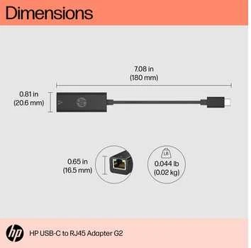 HP USB-C į RJ45 adapterio techniniai matmenys