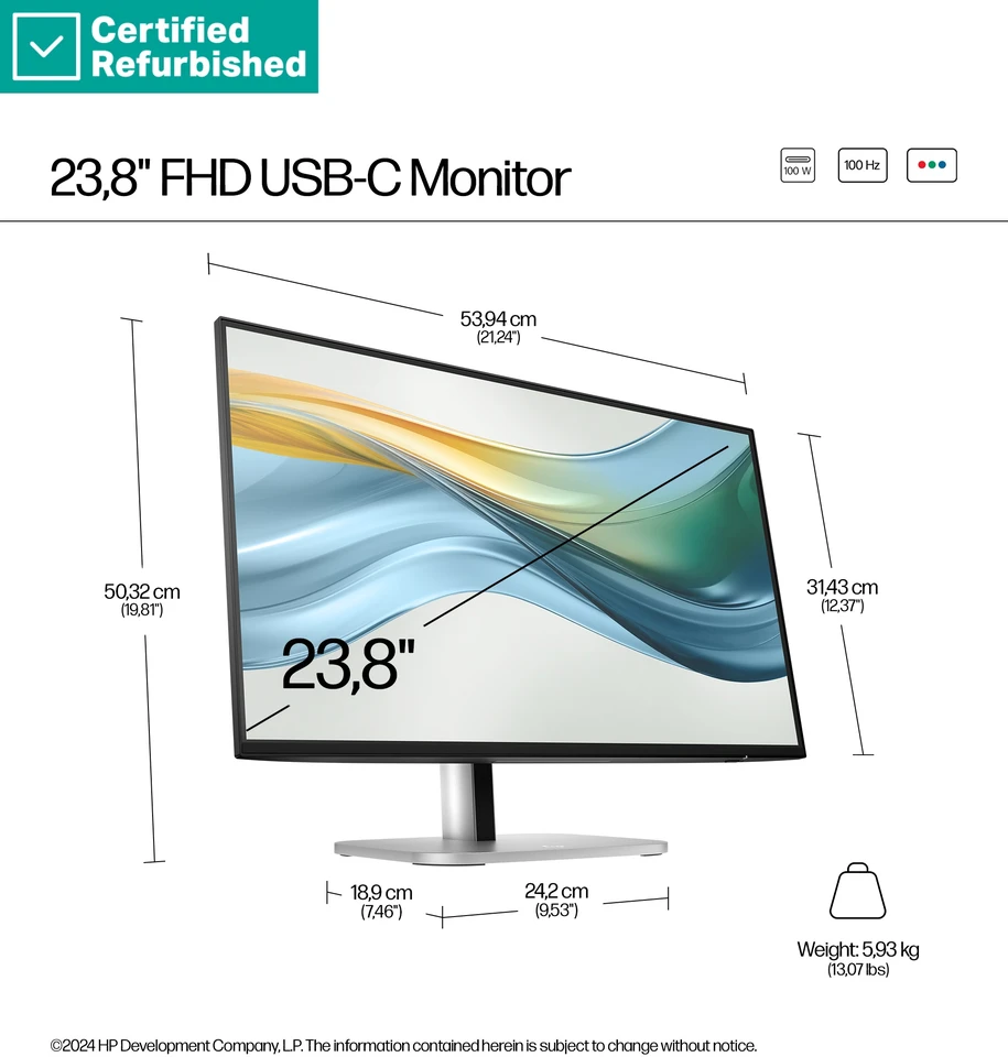 Hewlett Packard (HP) RENEW GOLD HP 524pu Series 5 Pro FHD Charging Monitorius - 23.8" 1920x1080 FHD 350-nit 100Hz AG, IPS, USB-C(100W/15W)/HDMI/DisplayPort Daisy-Chain, 3x USB-A, RJ-45 LAN, height adjustable/tilt/swivel/pivot, 1 metai (replaces E24u G5)