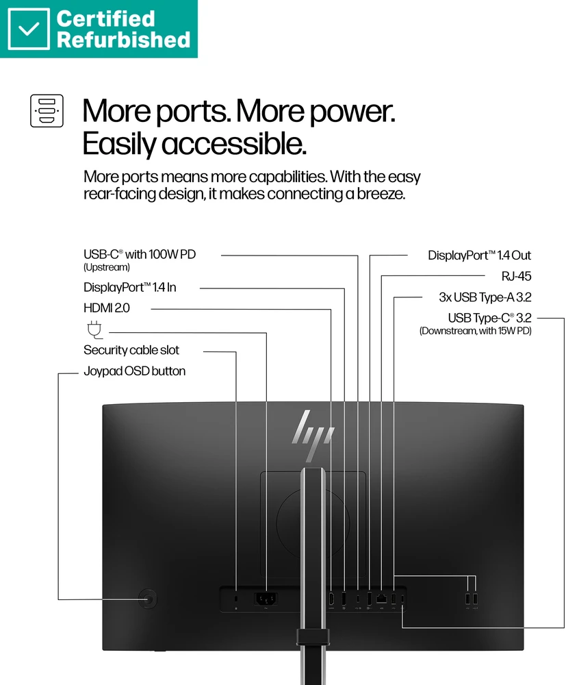 Hewlett Packard (HP) RENEW GOLD HP 524pu Series 5 Pro FHD Charging Monitorius - 23.8" 1920x1080 FHD 350-nit 100Hz AG, IPS, USB-C(100W/15W)/HDMI/DisplayPort Daisy-Chain, 3x USB-A, RJ-45 LAN, height adjustable/tilt/swivel/pivot, 1 metai (replaces E24u G5) (Atnaujinta)