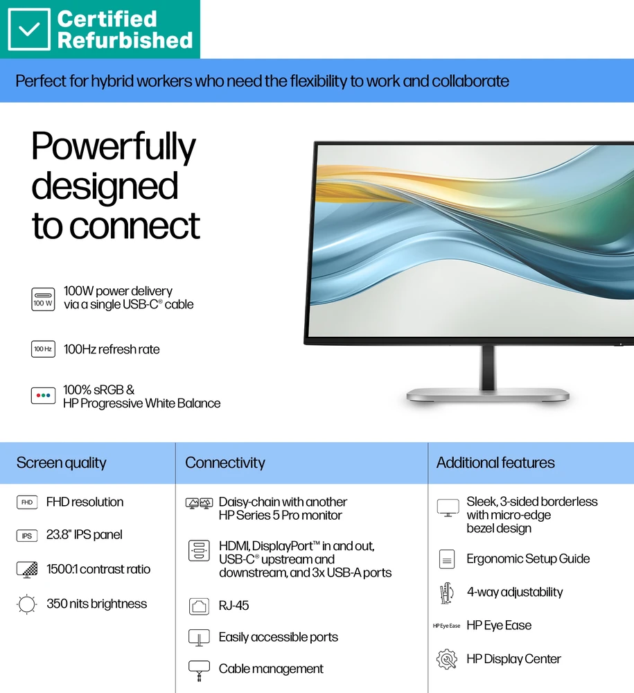 Hewlett Packard (HP) RENEW GOLD HP 524pu Series 5 Pro FHD Charging Monitorius - 23.8" 1920x1080 FHD 350-nit 100Hz AG, IPS, USB-C(100W/15W)/HDMI/DisplayPort Daisy-Chain, 3x USB-A, RJ-45 LAN, height adjustable/tilt/swivel/pivot, 1 metai (replaces E24u G5)