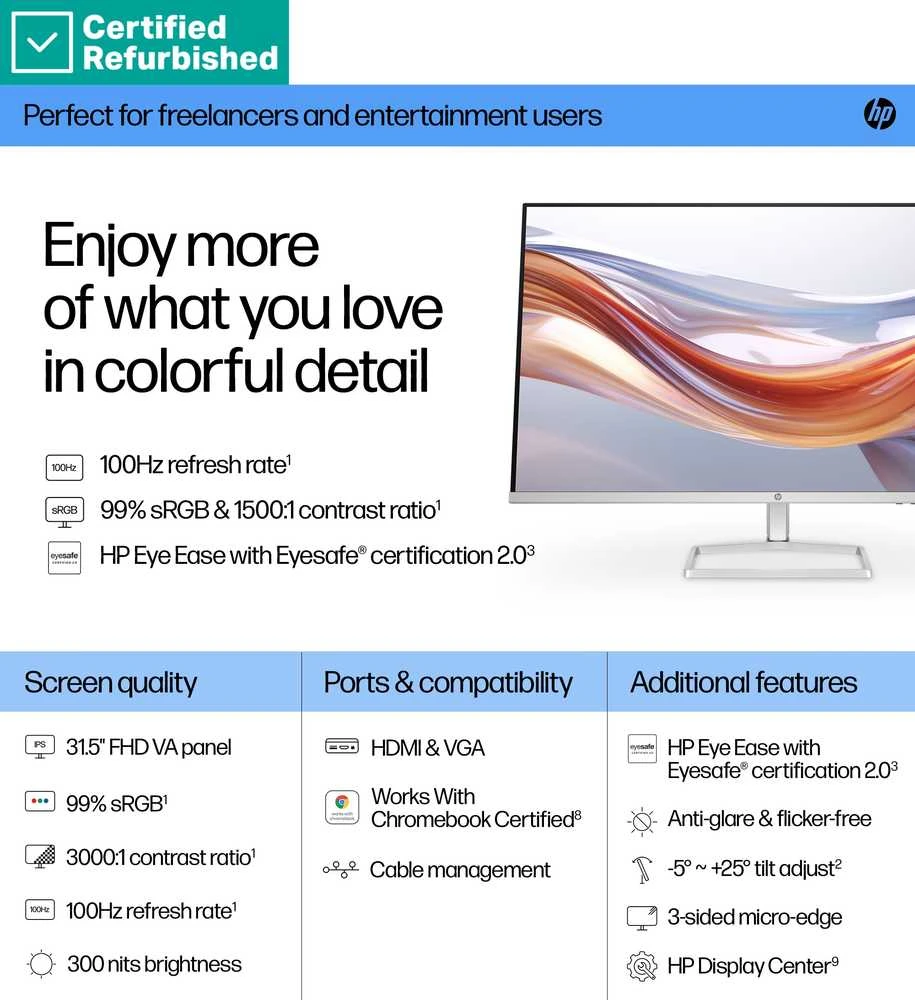 Hewlett Packard (HP) RENEW GOLD HP 532sf Series 5 FHD Monitorius - 31.5" 1920x1080 FHD 300-nit 100Hz AG, VA, 2x HDMI/VGA, tilt, 1 metai (Atnaujinta)