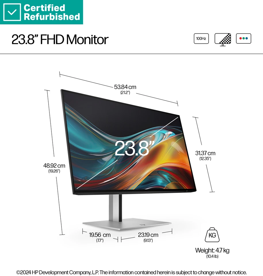 Hewlett Packard (HP) RENEW GOLD HP 724pf Series 7 Pro FHD Monitorius - 23.8" 1920x1080 FHD 300-nit 100Hz AG, IPS, HDMI/DisplayPort/DisplayPort-out, 4x USB-A, No, height adjustable/tilt/swivel/pivot, 1 metai (replaces Z24f G3) (Atnaujinta)