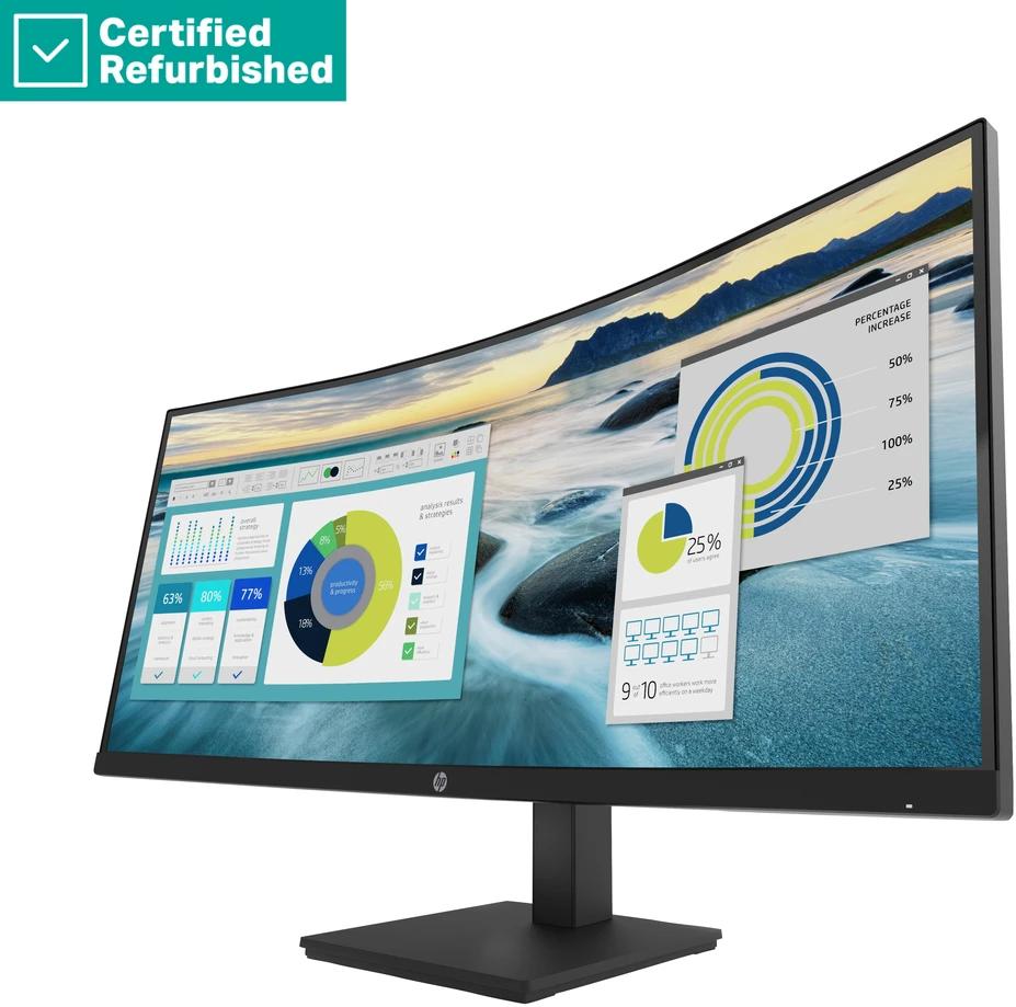 Hewlett Packard (HP) RENEW Sidabrinis HP P34hc G4 Curved Charging Monitorius - 34" 3440x1440 WQHD 250-nit 100Hz AG, Curved, VA, USB-C(65W)/HDMI/DisplayPort, 4x USB-A, speakers, height adjustable/tilt, 1 metai