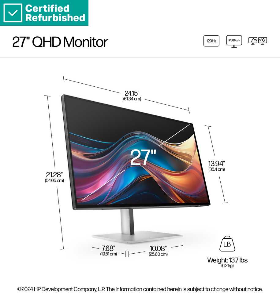 Hewlett Packard (HP) RENEW Sidabrinis HP 727pq Series 7 Pro QHD Monitorius - 27" 2560x1440 QHD 400-nit 120Hz AG, IPS Juodas HDR 400, USB-C(15W)/HDMI/DisplayPort/DisplayPort-out, 3x USB-A, No, height adjustable/tilt/swivel/pivot, 1 metai (replaces Z27q G3) (Atnaujinta)