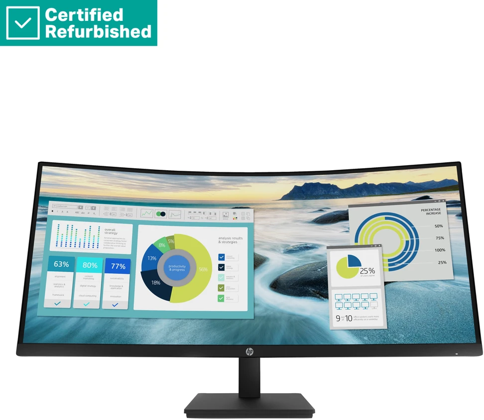 Hewlett Packard (HP) RENEW Sidabrinis HP P34hc G4 Curved Charging Monitorius - 34" 3440x1440 WQHD 250-nit 100Hz AG, Curved, VA, USB-C(65W)/HDMI/DisplayPort, 4x USB-A, speakers, height adjustable/tilt, 1 metai (Atnaujinta)