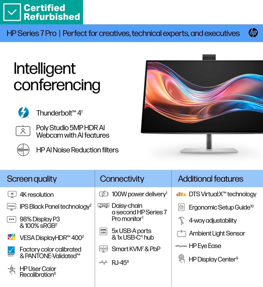 Hewlett Packard (HP) RENEW Sidabrinis HP 727pm Series 7 Pro 4K Conferencing Monitorius - 27" 3840x2160 UHD 400-nit 60Hz AG, IPS Juodas HDR 400, USB-C(100W/15W)/HDMI/DP Daisy-Chain, 5x USB-A, speakers, 5MP webcam, RJ-45 LAN, height adjustable/tilt/swivel/pivot, 1 metai