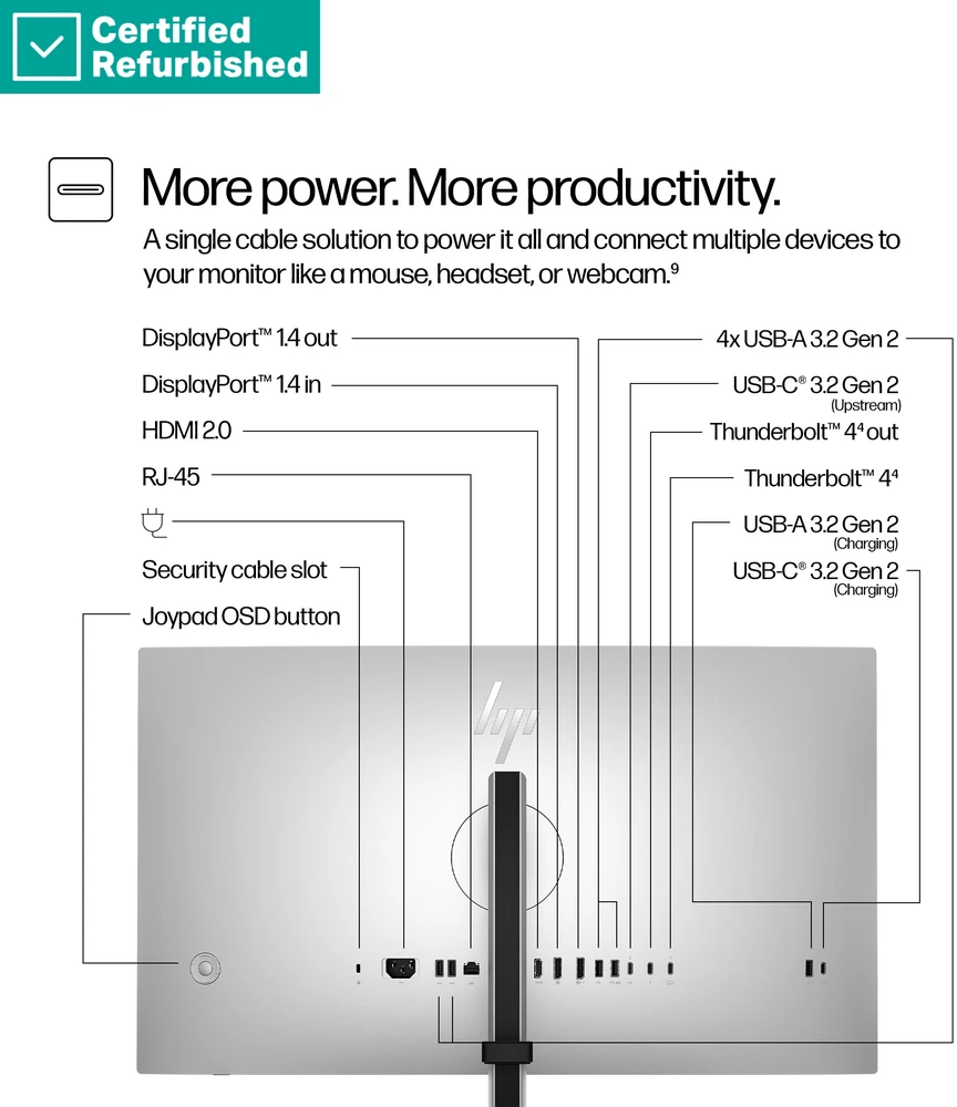 Hewlett Packard (HP) RENEW Sidabrinis HP 727pu Series 7 Pro QHD TB4 Charging Monitorius - 27" 2560x1440 QHD 400-nit 120Hz AG, IPS Juodas HDR 400, USB-C(100W/15W)/HDMI/DisplayPort Daisy-Chain, 5x USB-A, RJ-45 LAN, height adjustable/tilt/swivel/pivot, 1 metai