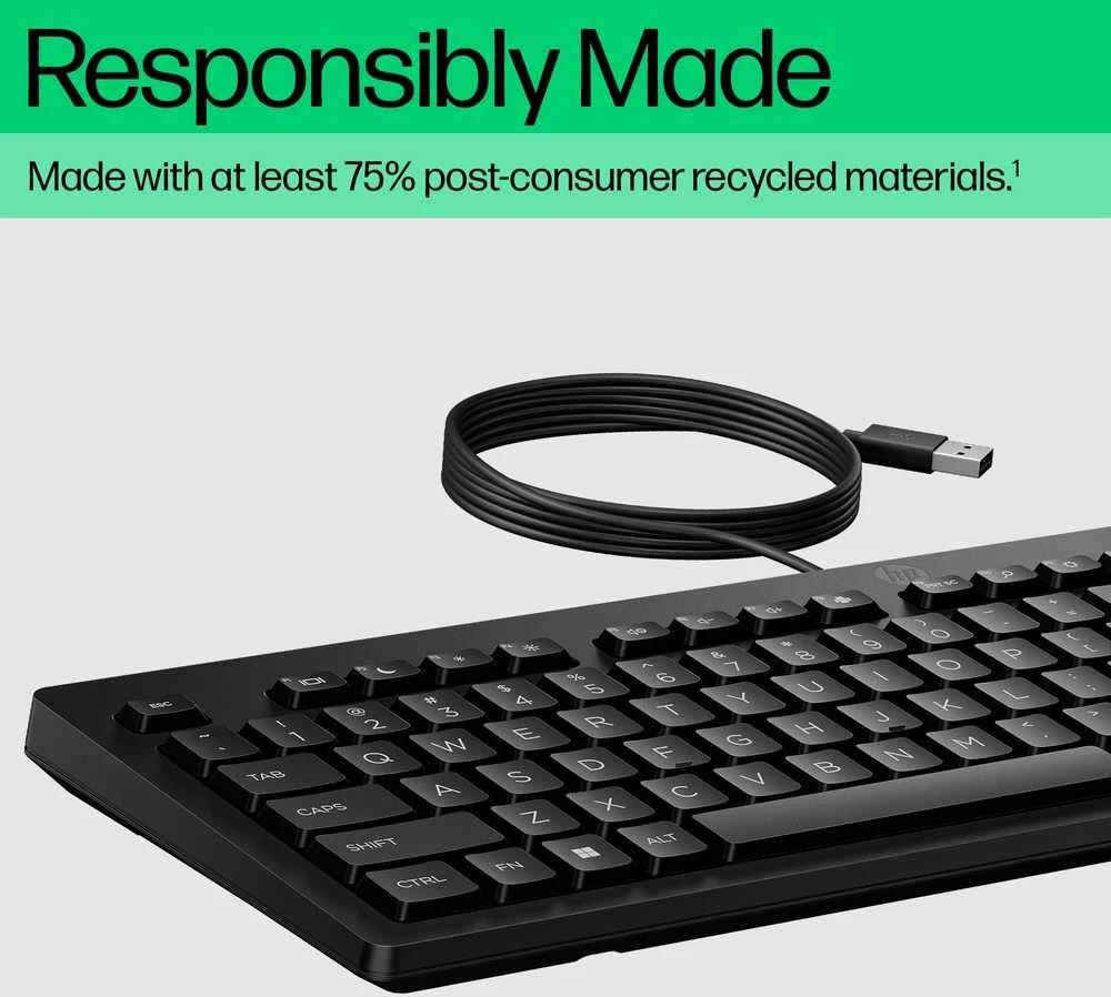 HP 125 G2 Klaviatūra su USB jungtimi su laidu, Sanitizable, Copilot Key - Juodas - US ENG