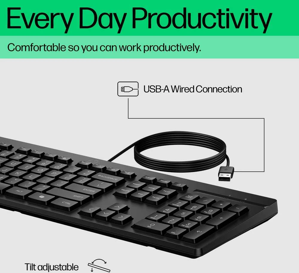 HP 125 G2 Klaviatūra su USB jungtimi su laidu, Sanitizable, Copilot Key - Juodas - US ENG