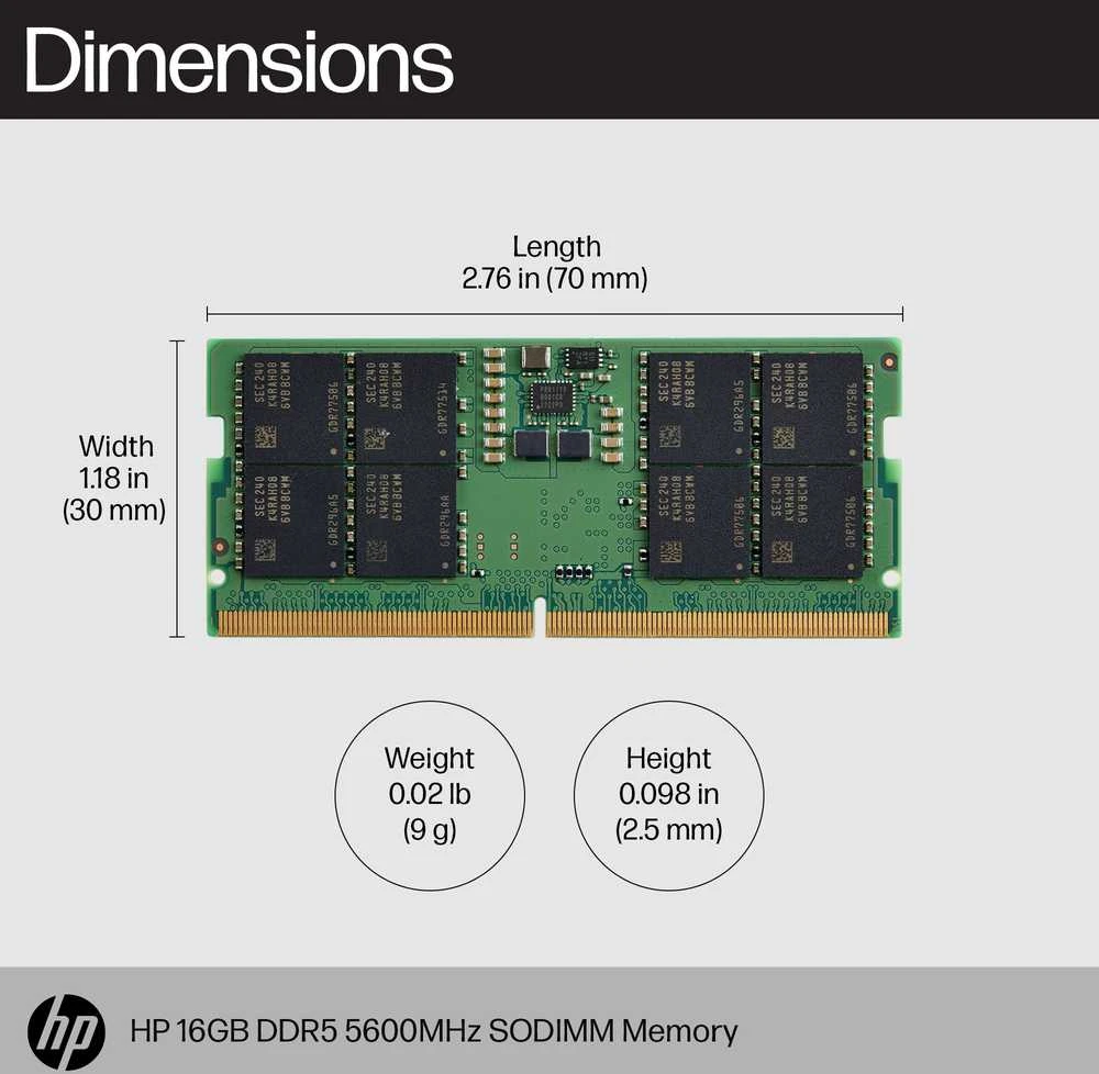 Hewlett Packard (HP) HP 16GB 5600MHz DDR5 SODIMM RAM atmintis, skirta HP nešiojamiesiems kompiuteriams